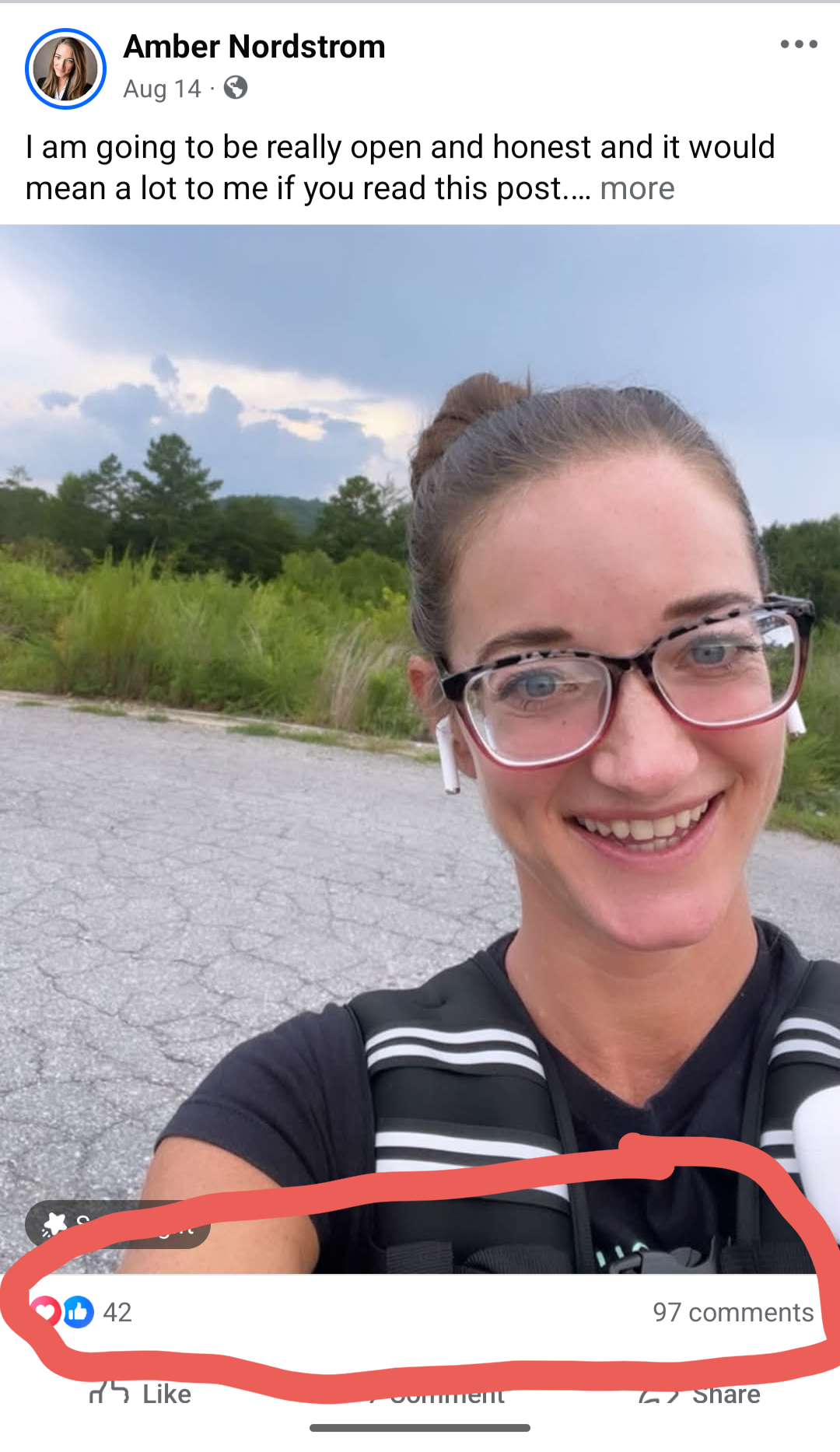 Facebook post by Amber Nordstrom showing 97 comments and 42 reactions
